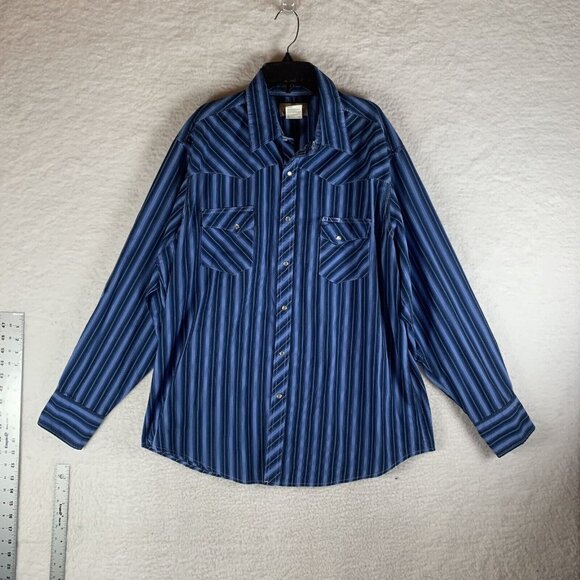 Wrangler Wrancher Shirt Men XL Blue White Striped Cotton Pockets Pearl Snap 9713 - Picture 1 of 7